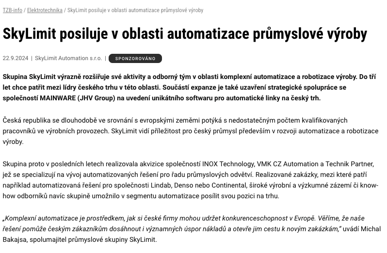 SkyLimit posiluje v oblasti automatizace